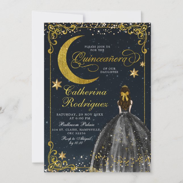 Invitation Nuit étoilée Or et Noir Quinceanera  (Devant)