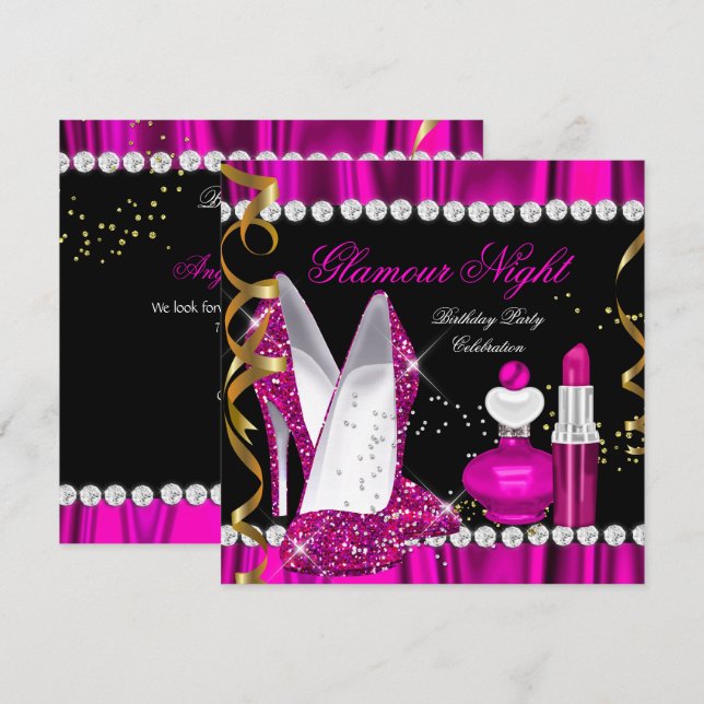 Invitation Nuit Glitter Glamour Rose Foncé Or Noir Fête 2 (Devant / Derrière)