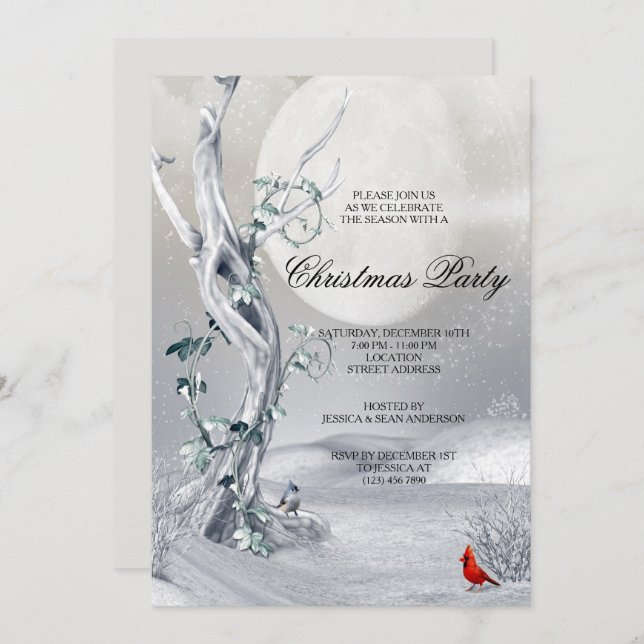 Invitation Nuit Hiver Décor & Cardinals Fête de Noël (Devant / Derrière)