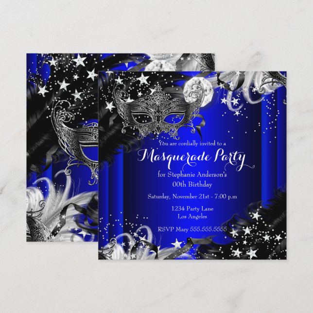 Invitation Nuit Magique de Bal Masqué Blue Sparkle (Devant / Derrière)