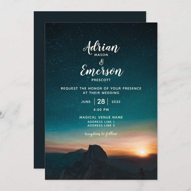 Invitation Nuit moderne Sky Mountain Sunrise Mariage Turquois (Devant / Derrière)