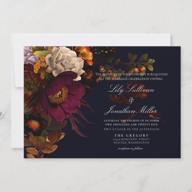 Invitation Nuit Moody foncé Automne Mariage Floral (Devant)