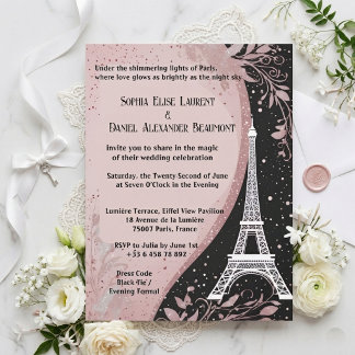 Invitation Nuit Parisienne Rose Pâle Argent Mariage Romantiqu
