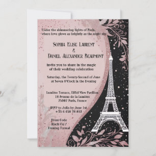 Invitation Nuit Parisienne Rose Pâle Argent Mariage Romantiqu