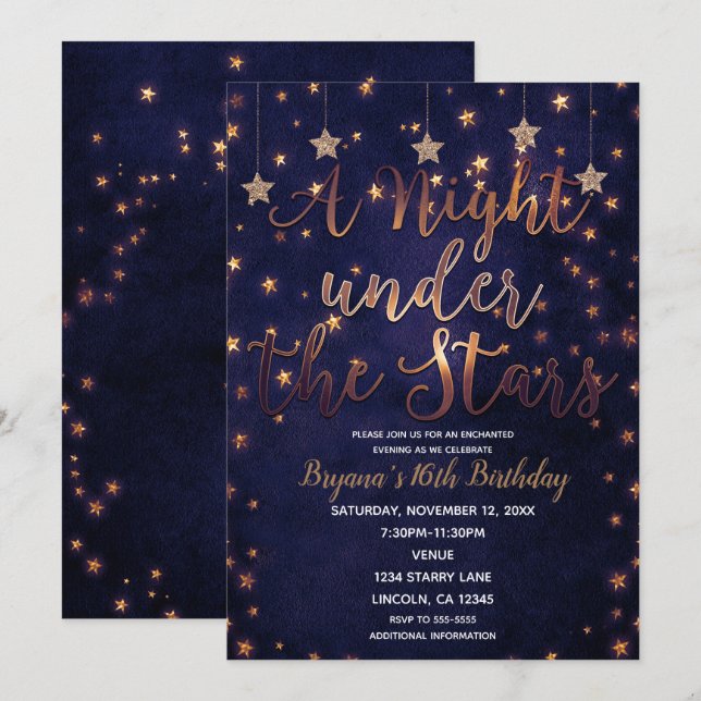 Invitation Nuit pourpre et or sous les étoiles ciel céleste (Devant / Derrière)