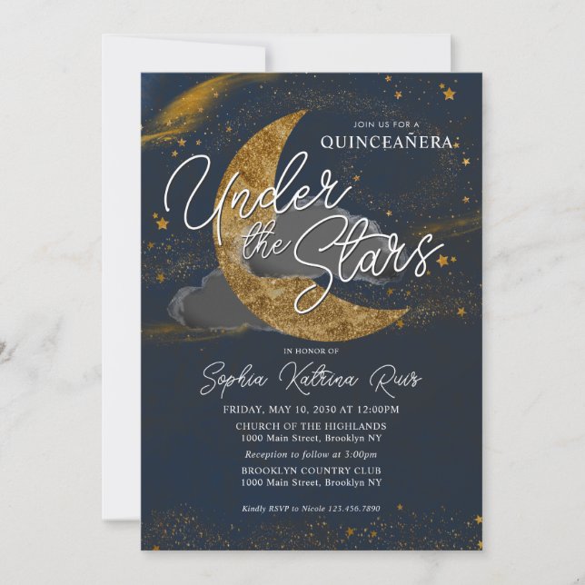 Invitation Nuit sous les étoiles Blue Gold Moon Quinceanera (Devant)