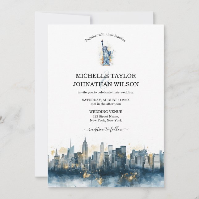 Invitation Nuit Ville Destination Mariage Aquarelle (Devant)