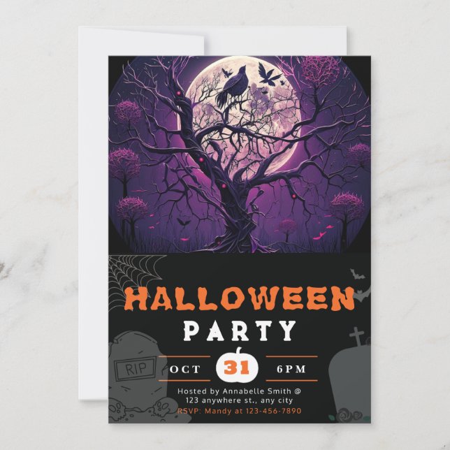 Invitation Nuit Violette Pleine Lune Oiseau Noir Halloween No (Devant)