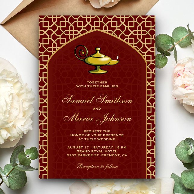 Invitation Nuits Arabes Lampe Magique Mariage Rouge (Créateur téléchargé)