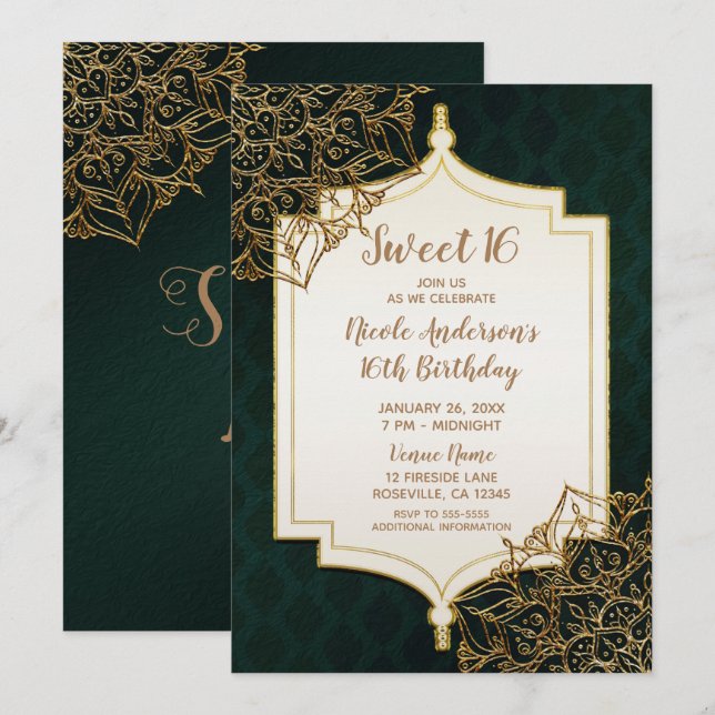 Invitation Nuits Arabes Marocaines Vert Or Fête Douce 16 Ans (Devant / Derrière)
