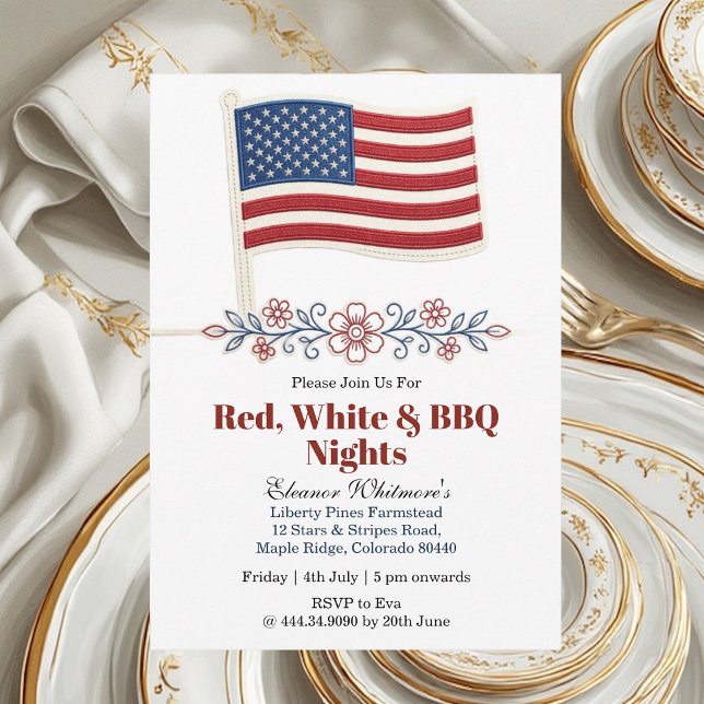 Invitation Nuits de BBQ rouge blanc du 4 juillet Fleur d'Amer (4th July Red White BBQ Nights American Flag Floral Invitation)