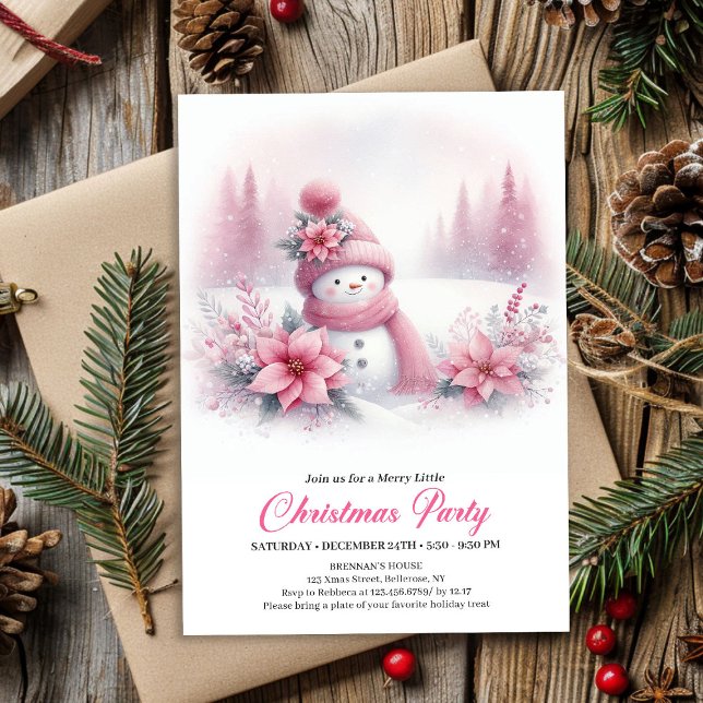 Invitation numérique classique pour enfants au bon (Classic Pink Snowman Kids Christmas Invite Digital File)