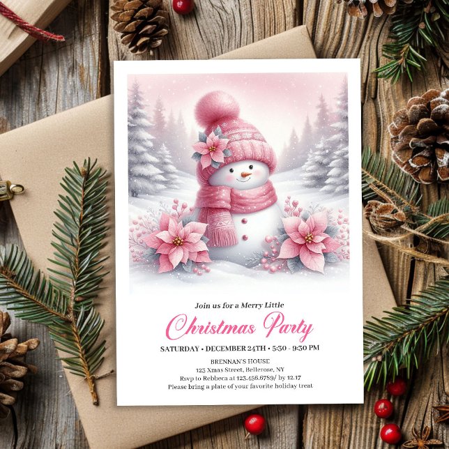 Invitation numérique élégante de Noël pour enfants (Elegant Pink Snowman Kids Christmas Invite Digital Design)