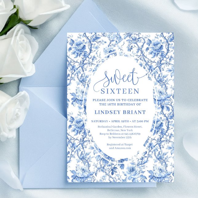 Invitation numérique Fleurs de Rosier Bleu pour 16 (Blue Roses Digital Floral 16th Birthday Invitation)