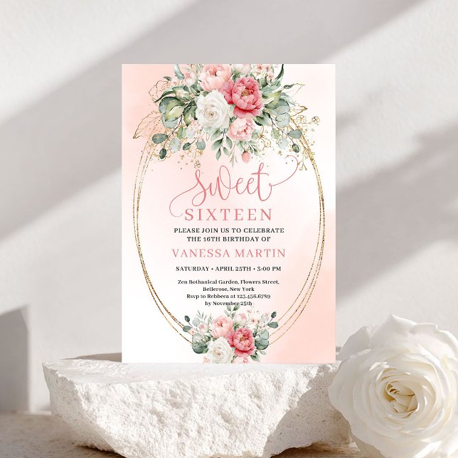 Invitation numérique modifiable pour un Sweet Sixt (Editable Digital Blush Gold Sweet Sixteen Invitation)