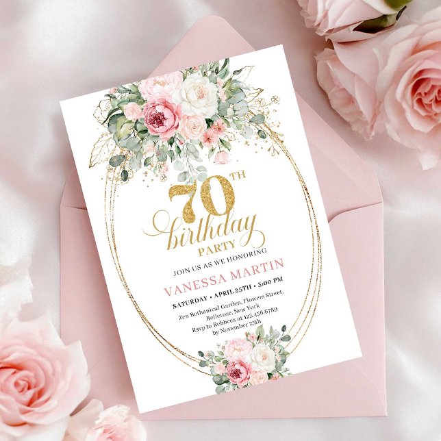 Invitation numérique pour 70e anniversaire Boho Bl (Boho Blush Floral Digital 70th Birthday Invitation)