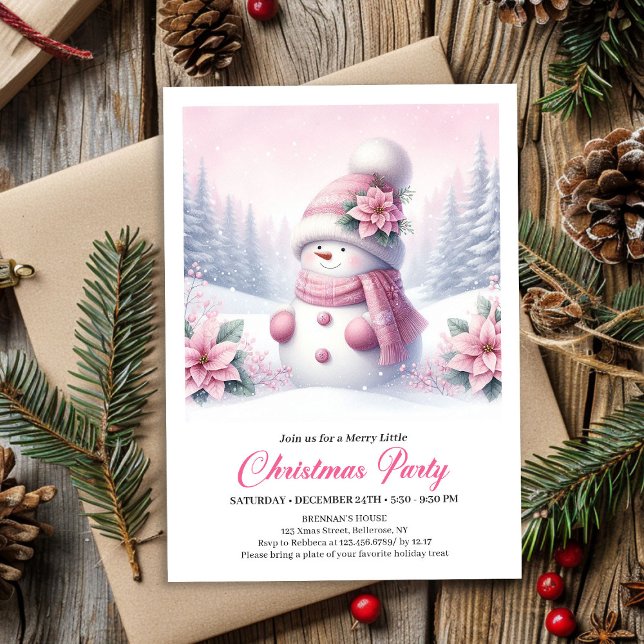 Invitation numérique pour enfants avec un joli bon (Cute Snowy Forest Pink Snowman Kids Invite Digital File)