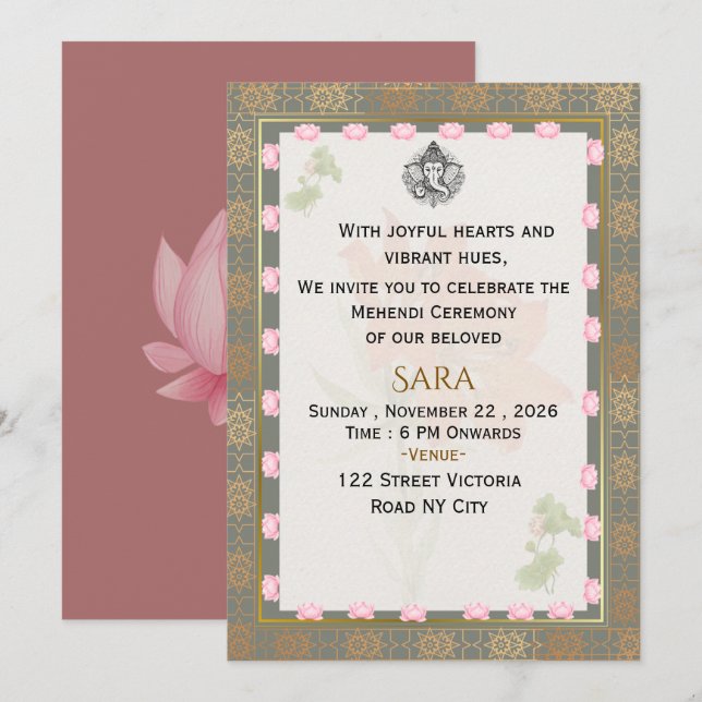 Invitation numérique pour la cérémonie de mehendi  (Devant / Derrière)