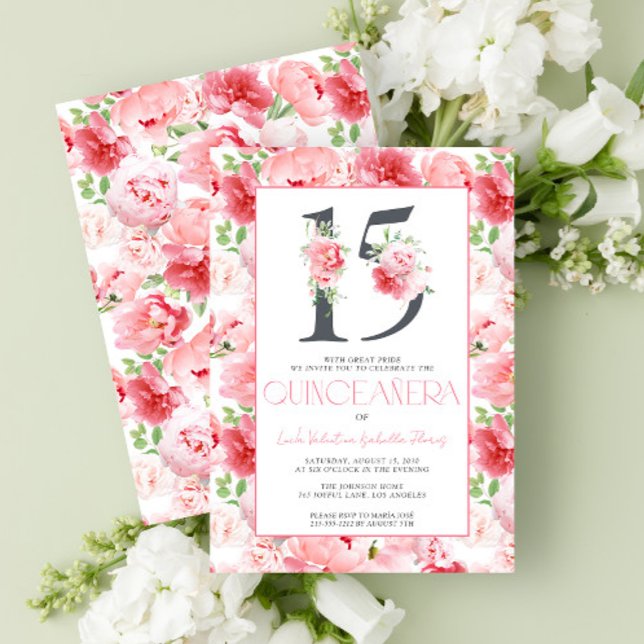 Invitation Numéro 15 Elégant rose Floral moderne Quinceañera (Créateur téléchargé)