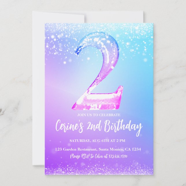 Invitation Numéro de glace blanc paillettes Fille 2e Annivers (Devant)