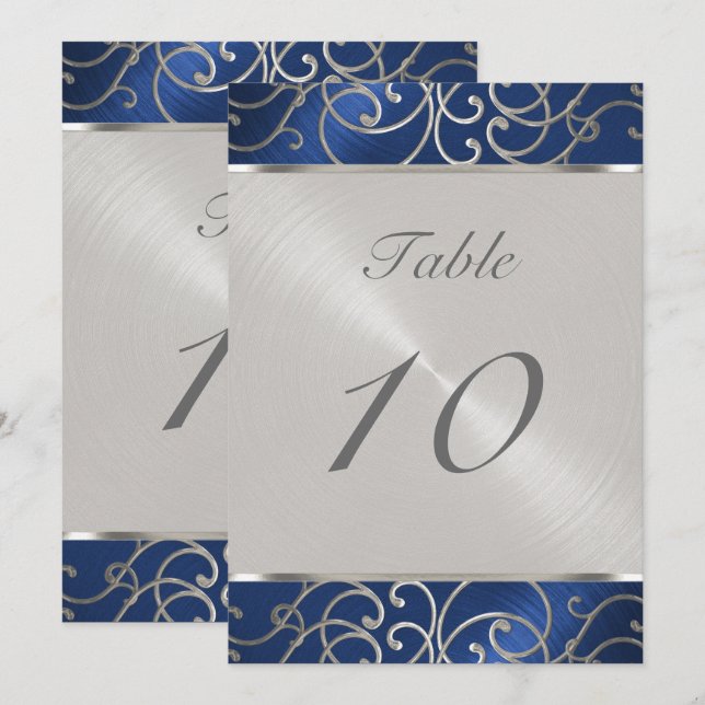 Invitation Numéro de tableau Elegant Blue et Silver Filigree (Devant / Derrière)