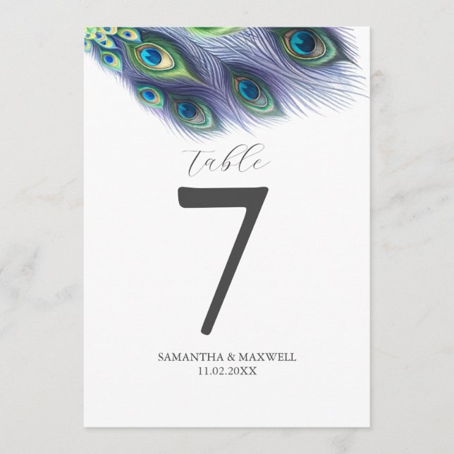 Invitation Numéro de tableau imprimable Aquarelle Peacock Fea (Devant)