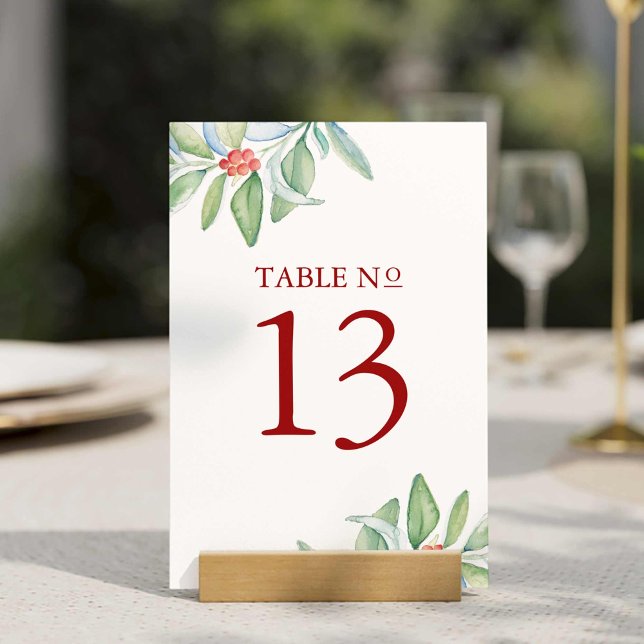 Invitation Numéro de tableau imprimable Végétation de Noël (Winter wedding table number features unique Christmas greenery watercolor by Victoria Grigaliunas)