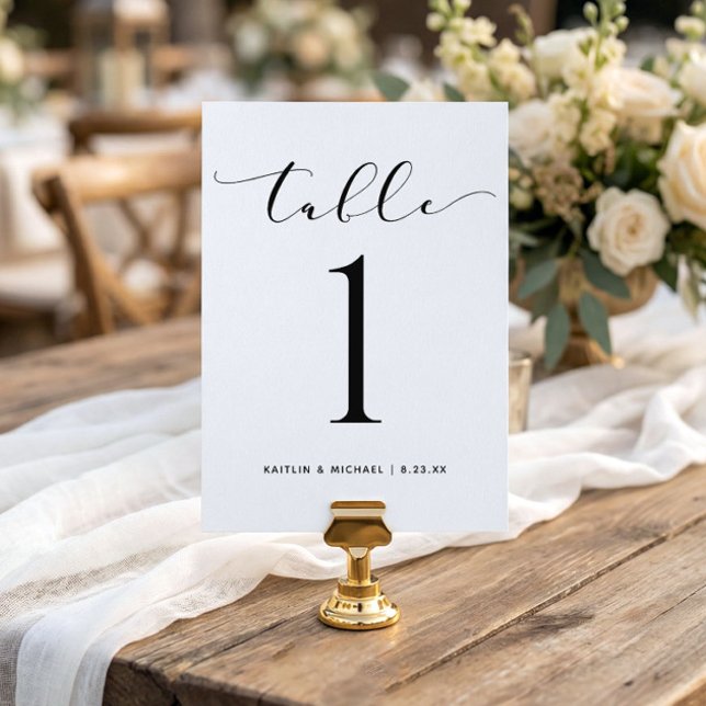 Invitation Numéro de tableau mariage 5x7 Script Tourbillonnan (Wedding table numbers - bouncy script black and white)
