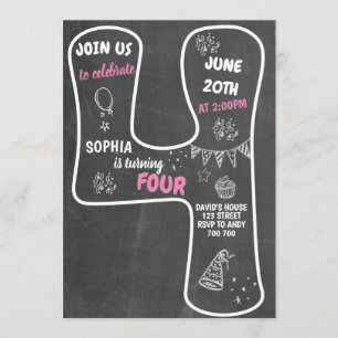 Invitation Numéro de tableau rose pour la fille de 4e anniver