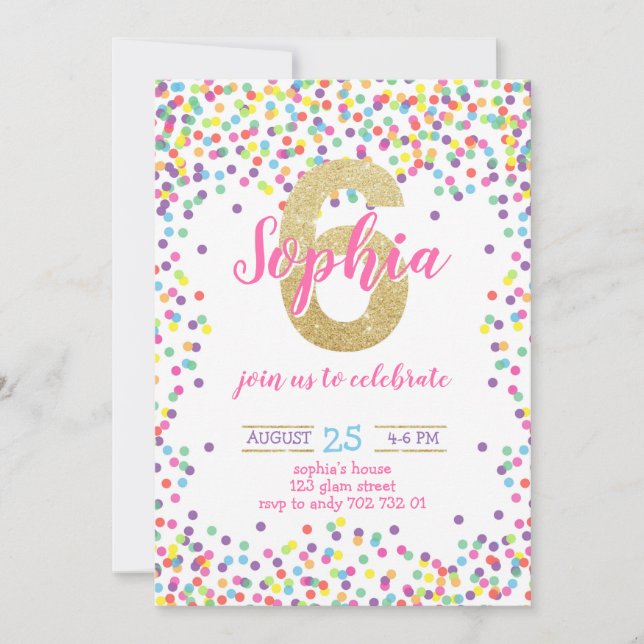 Invitation Numéro d'or Confetti coloré Fille 6e anniversaire (Devant)