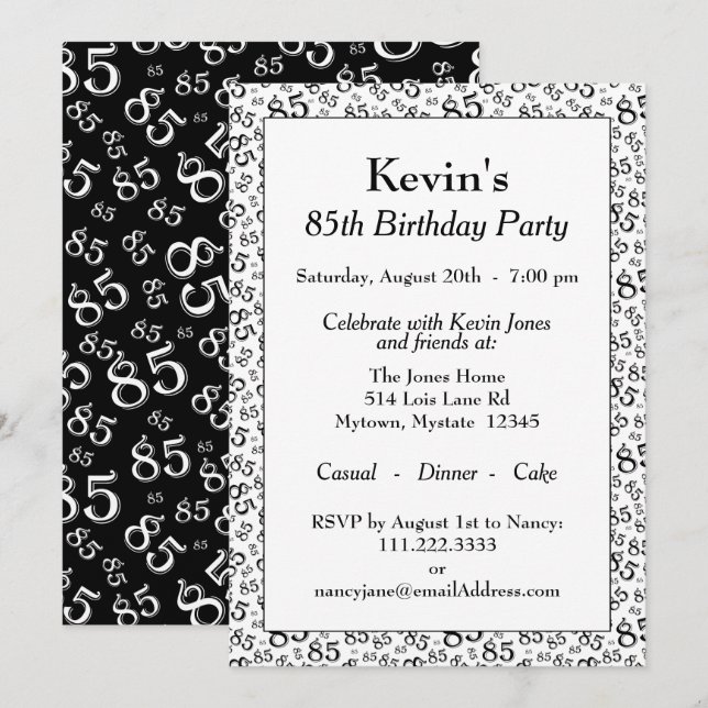Invitation Numéro Motif 85 Cool Fête d'anniversaire Noir/Blan (Devant / Derrière)