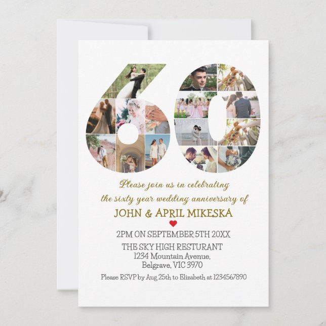 Invitation Numéro Soixante ans de Mariage photo personnalisé (Devant)