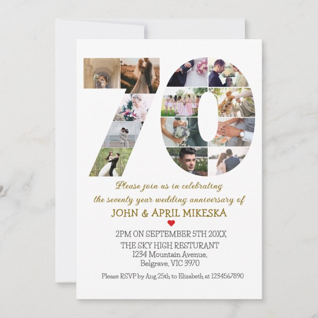 Invitation Numéro Soixante-dix ans de Mariage photo personnal (Devant)