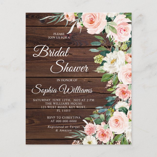Invitation nuptiale Budget Blush Rose Fleurs (Devant)