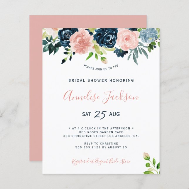Invitation nuptiale d'aquarelle florale budget (Devant / Derrière)