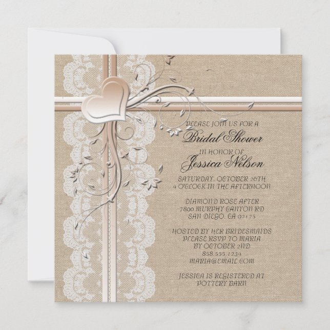 Invitation nuptiale de luxe Lace Heart Burlap (Devant)