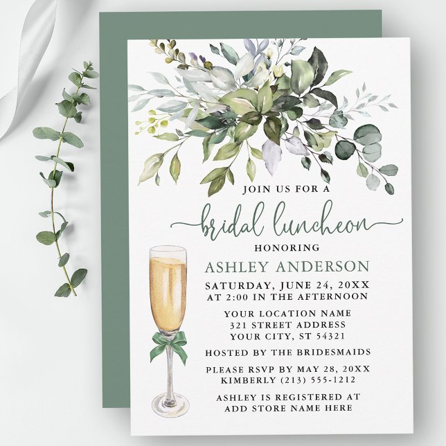Invitation Nuptiale Luncheon Aquarelle Verdure Sage Green Bow (Customize to change your personalized text color, text style or color of back of card.)