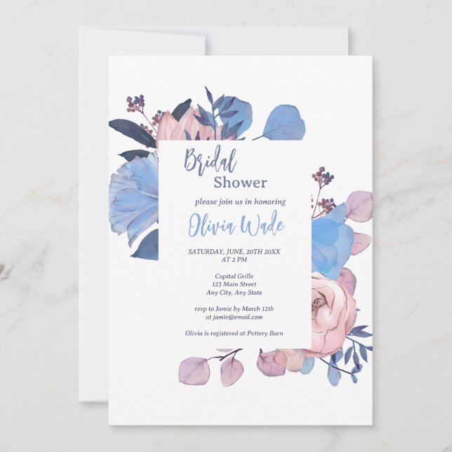Invitation nuptiale moderne Blue & Mauve Watercolo (Devant)
