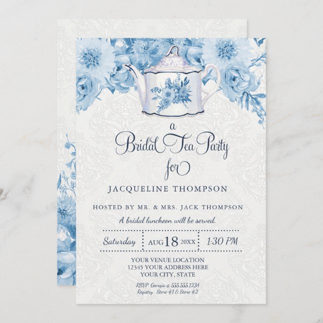 Invitation Nuptiale Tea Party Aquarelle Marine Bleu Blanc Flo (Devant / Derrière)