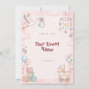 Invitation Nurserie cigogne rose aquarelle nuage