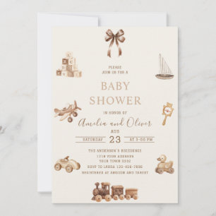 Invitation Nursery bohème aquarelle jouets beige baby shower