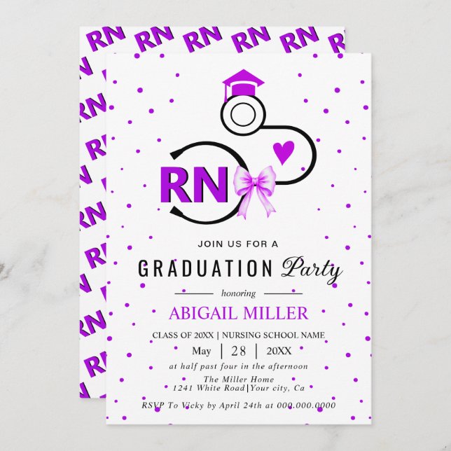 Invitation Nursing shool stethoscope purple RN graduation (Devant / Derrière)