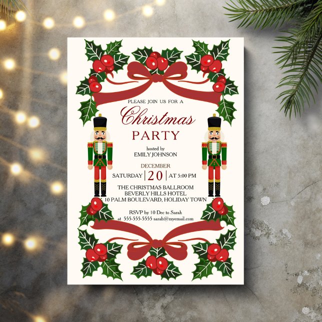 Invitation Nutcracker arc rouge Noël (Nutcracker red bow nostalgia Christmas Party Invitation cards template)