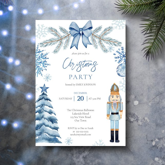 Invitation Nutcracker argent bleu arc Noël (Nutcracker silver blue bow snowflakes whimsical Christmas Party Invitation card template)