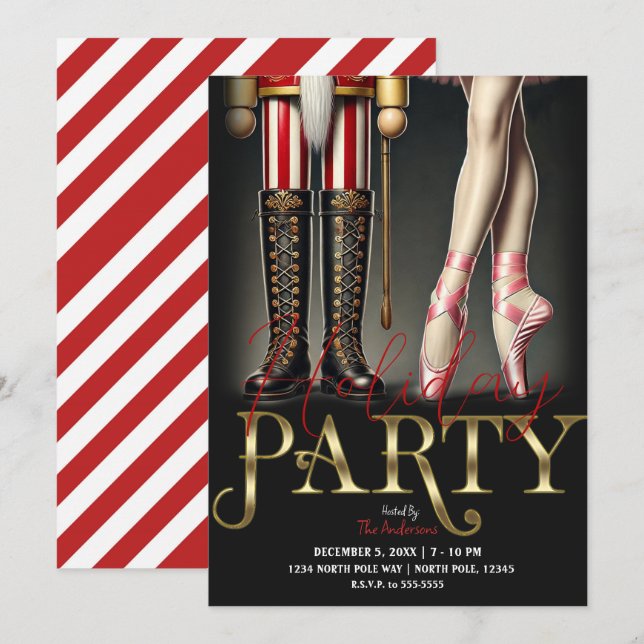 Invitation Nutcracker & Ballerina Black Gold Holiday Party (Devant / Derrière)