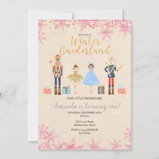 Invitation Nutcracker Ballet Anniversaire rose d'hiver (Devant)