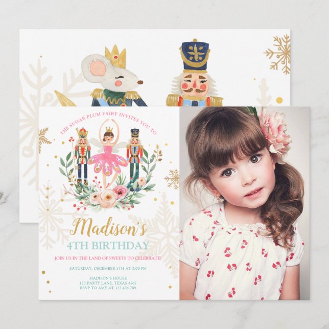 Invitation Nutcracker Birthday Girl Ballet Girl Suger Plum (Devant / Derrière)