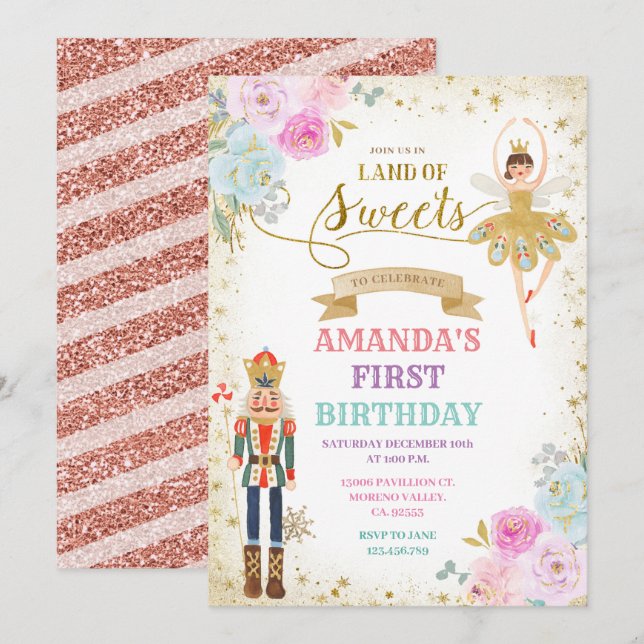 Invitation Nutcracker Floral Gold Snowflakes hiver Anniversai (Devant / Derrière)