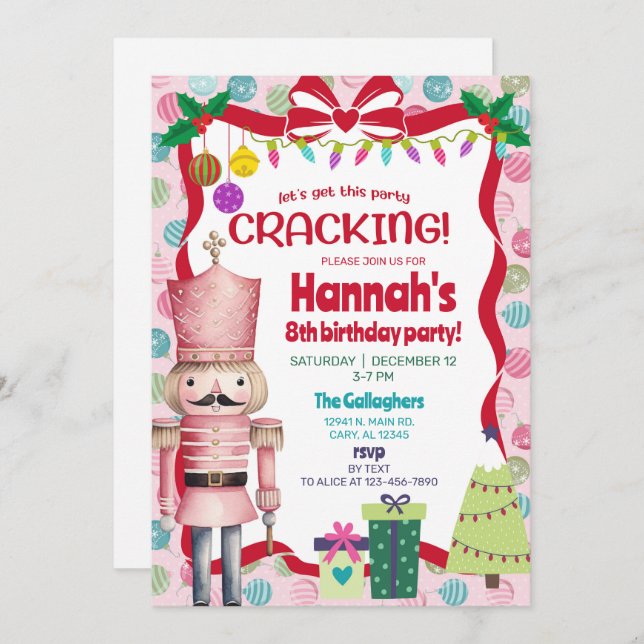 Invitation Nutcracker girl Christmas birthday invite. (Devant / Derrière)