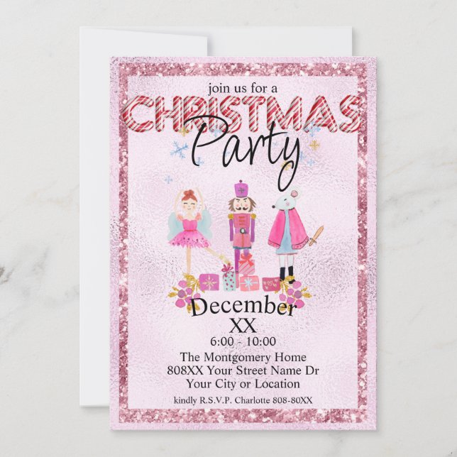 Invitation Nutcracker Noël Aquarelle Parties scintillant rose (Devant)